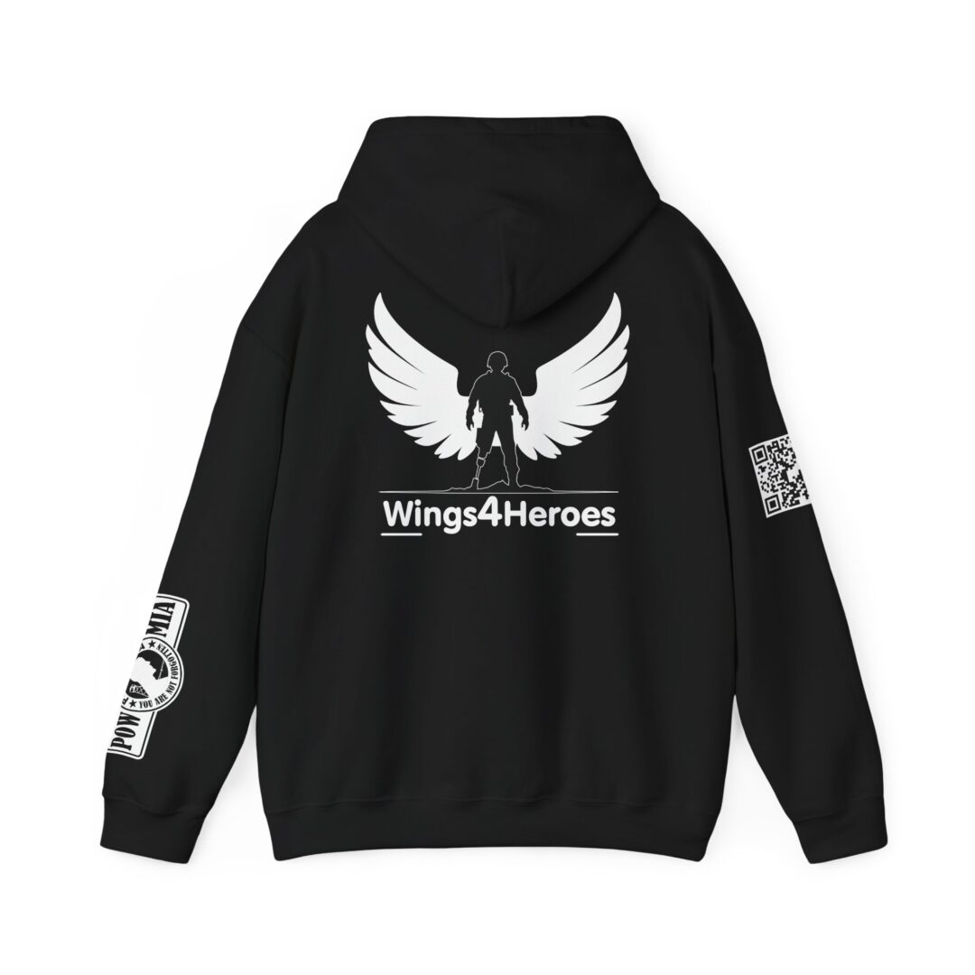 Black and White Hoodie With pow-mia on sleeve+qr Code Done - Image 6