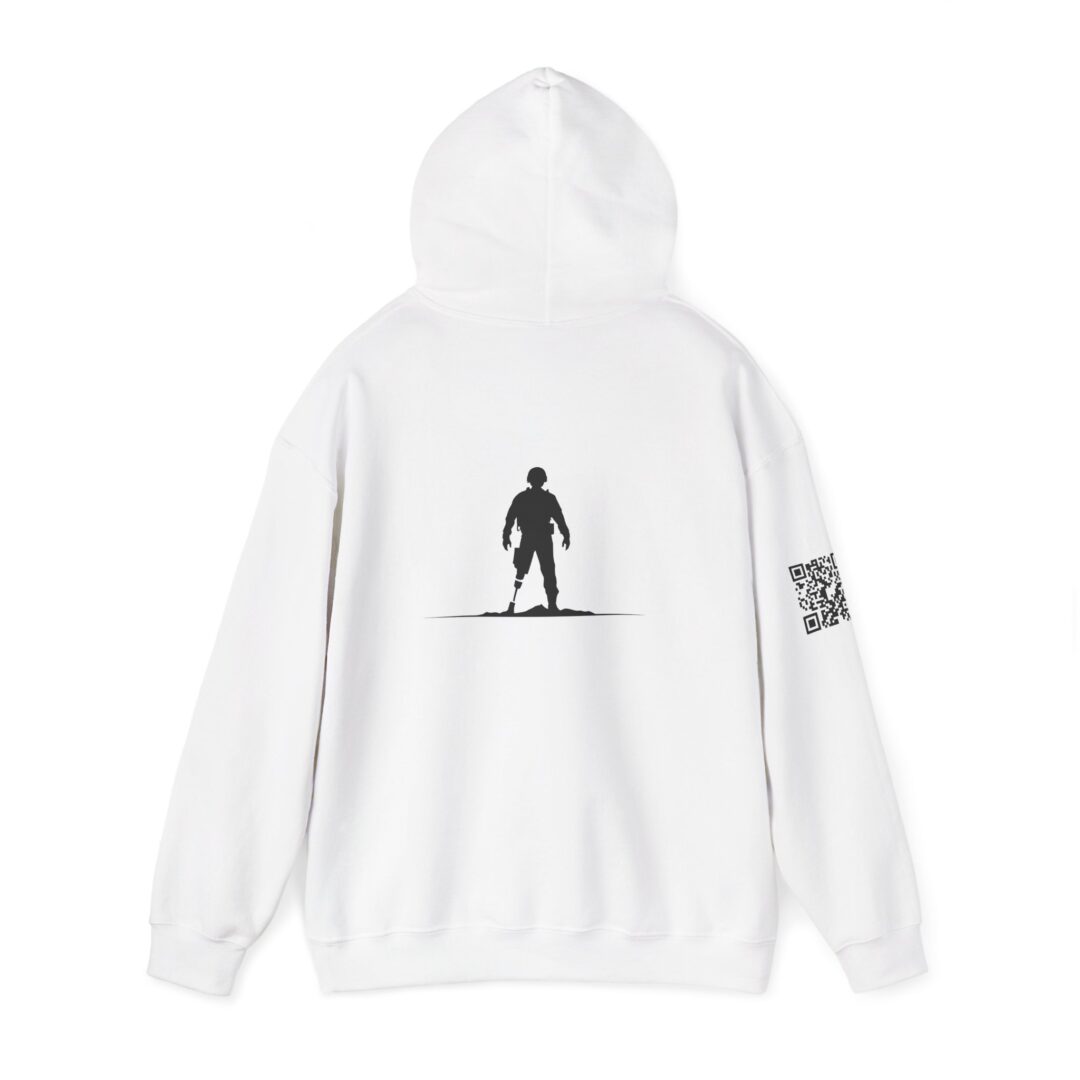 Black and White Hoodie With pow-mia on sleeve+qr Code Done - Image 3
