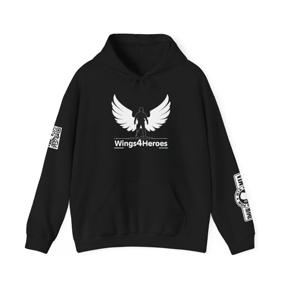 Black and White Hoodie With pow-mia on sleeve+qr Code Done - Image 5